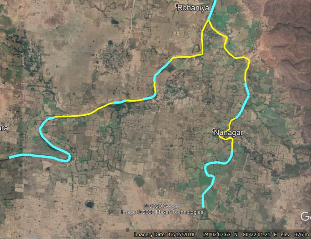 Nunagar village is located between the rivers Ken and Aloni. Dry river bed is indicated in yellow colour while blue shows water retention in river bed up to summers until 5 years ago. Now rivers go completely dry. (Source: People’s Science Institute)
