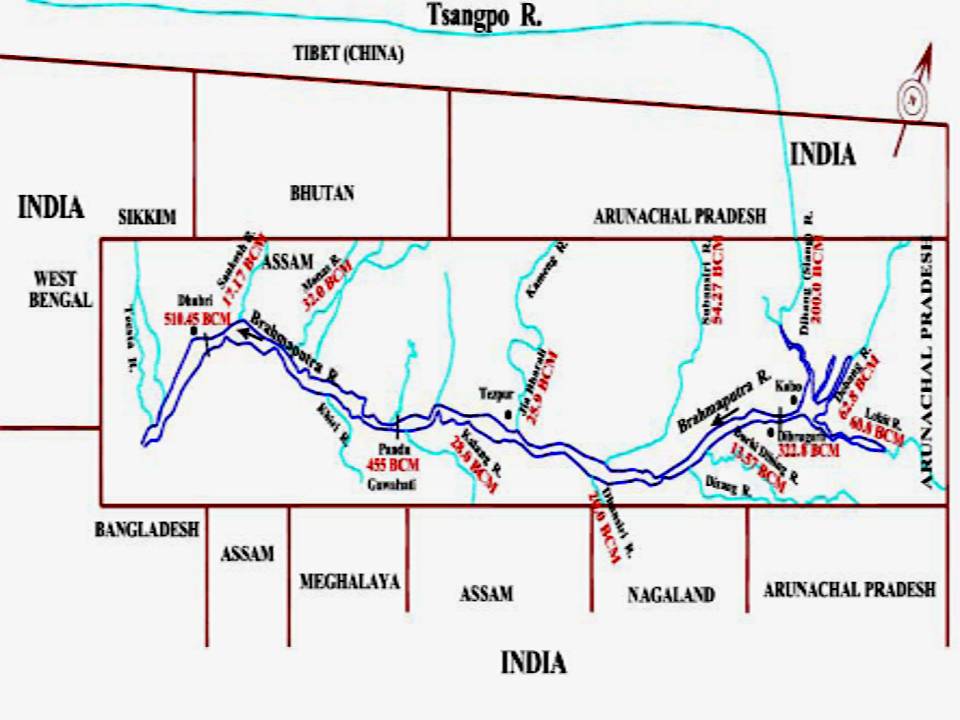 Schematic map of the Brahmaputra showing annual flows