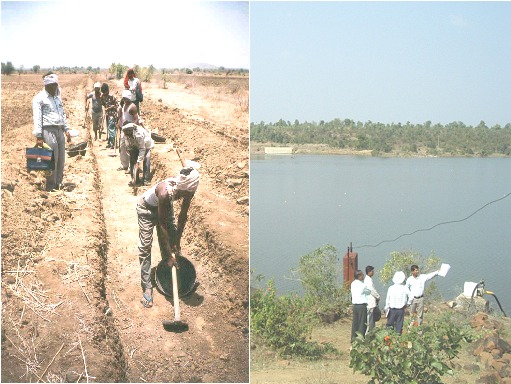 Left - Excavation of the main canal at Pimpri-Hatgaon MIT in 2003 by the farmers, under the supervision of the field officers; Right - Completed installation of a LIS in Kasari ST by the farmers