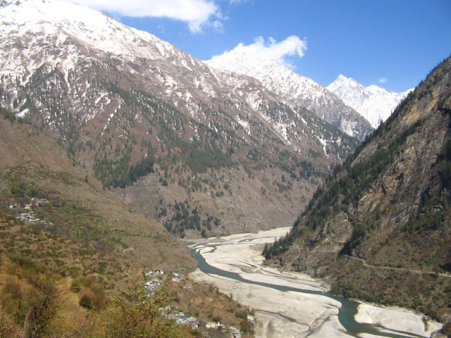 View of the Bhagirathi near Dharali, seen as a valley bound by snowy peaks