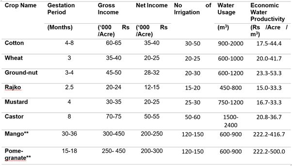 Table: Survey Data on expected crop production and value of output for major crops in the region. (*1 Mann = 40 kg, ** Mango and Pomegranate are horticulture crops and income from their production is for 12 months once they are fully grown and use Drip Irrigation)
