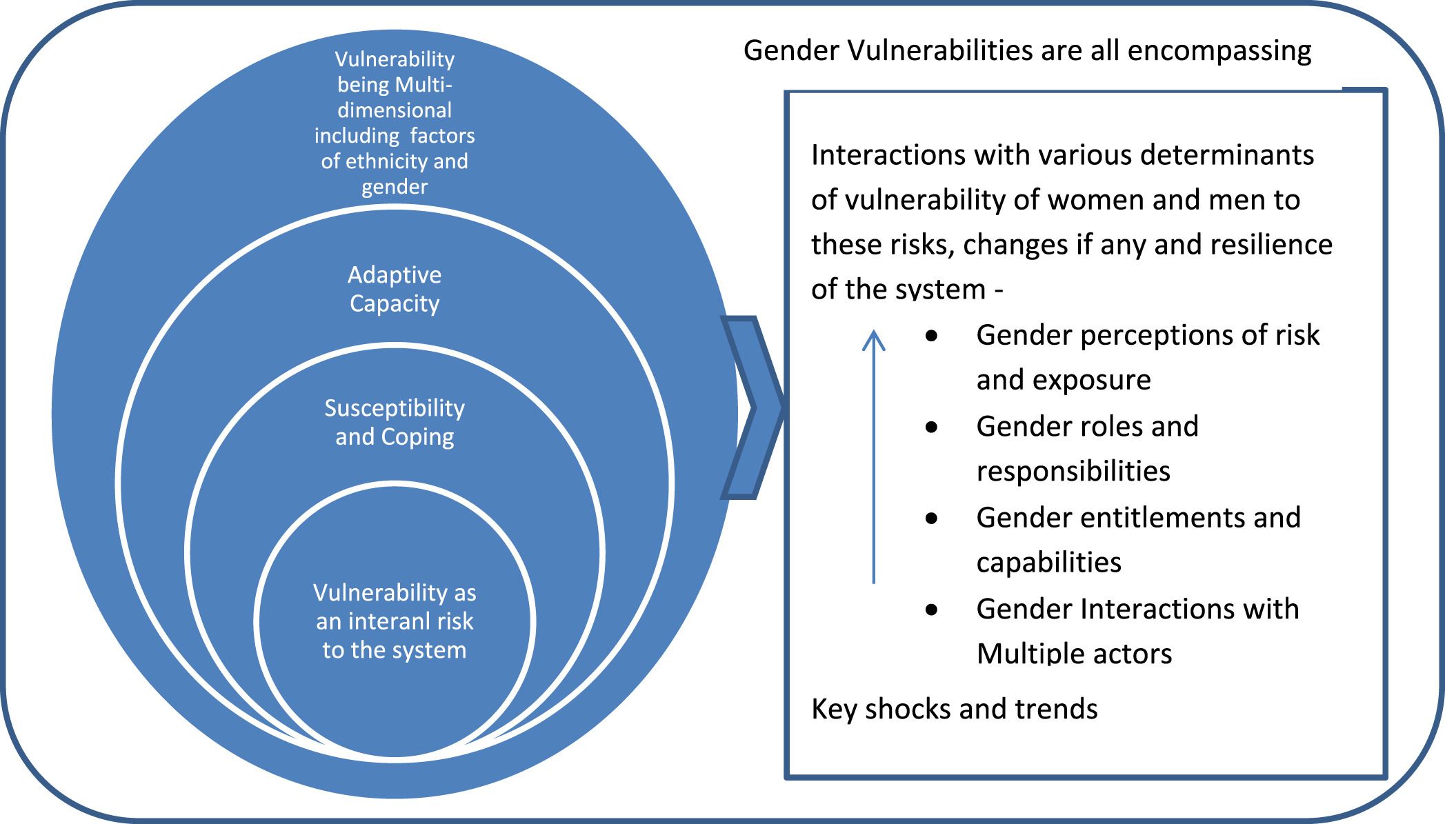 The concept of differential vulnerability i.e., vulnerability that can vary within and across groups is largely influenced by underlying and interlinked issues, is underexplored, especially in regions facing skewed development trends where the impacts magnify further. Gender plays a crucial part at this intersectionality of factors influencing a system's/individual's vulnerability.  