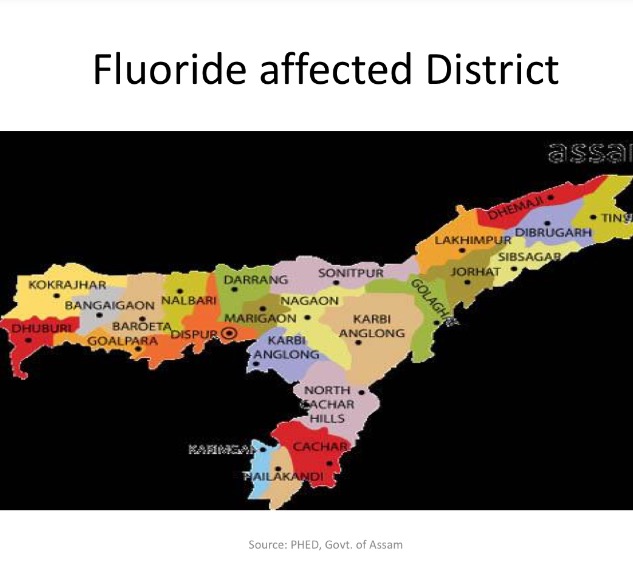 A map shows fluoride affected districts in Assam.