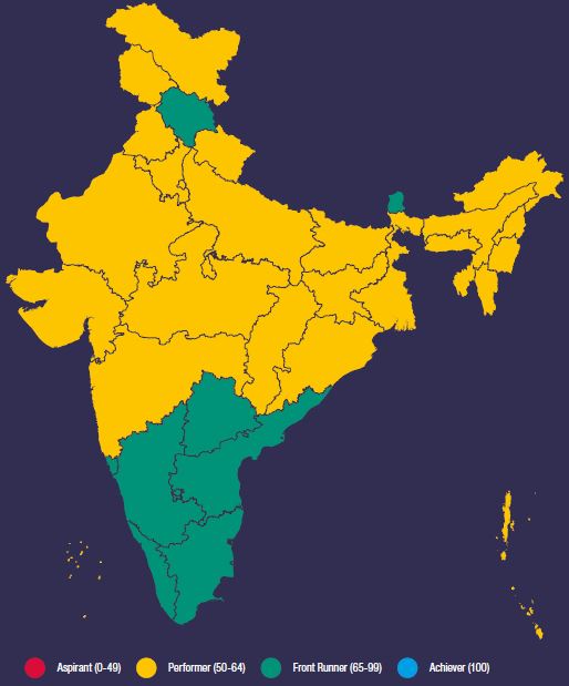 Two goals – 2 (zero hunger) and 5 (gender equality) demand special attention, as the overall country score is below 50 (Image: SDG India Index 2.0)