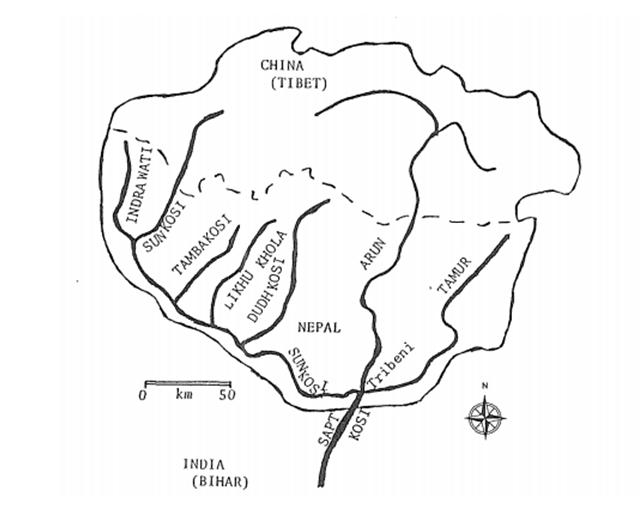 Figure: Sapt Kosi is formed by seven rivers in south-east Nepal. Image Courtesy: Hydrologic regime of the Sapt Kosi Basin, Nepal – Richard Kattelmann, University of California.