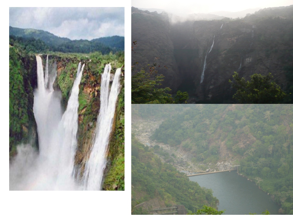 A collage of images of the Jog falls before and after damming of the river