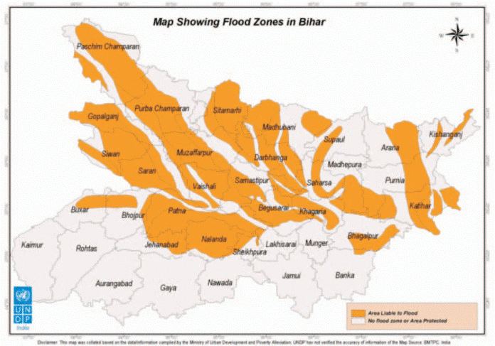 Map showing flood zones in Bihar (Source: NIDM, 2007)