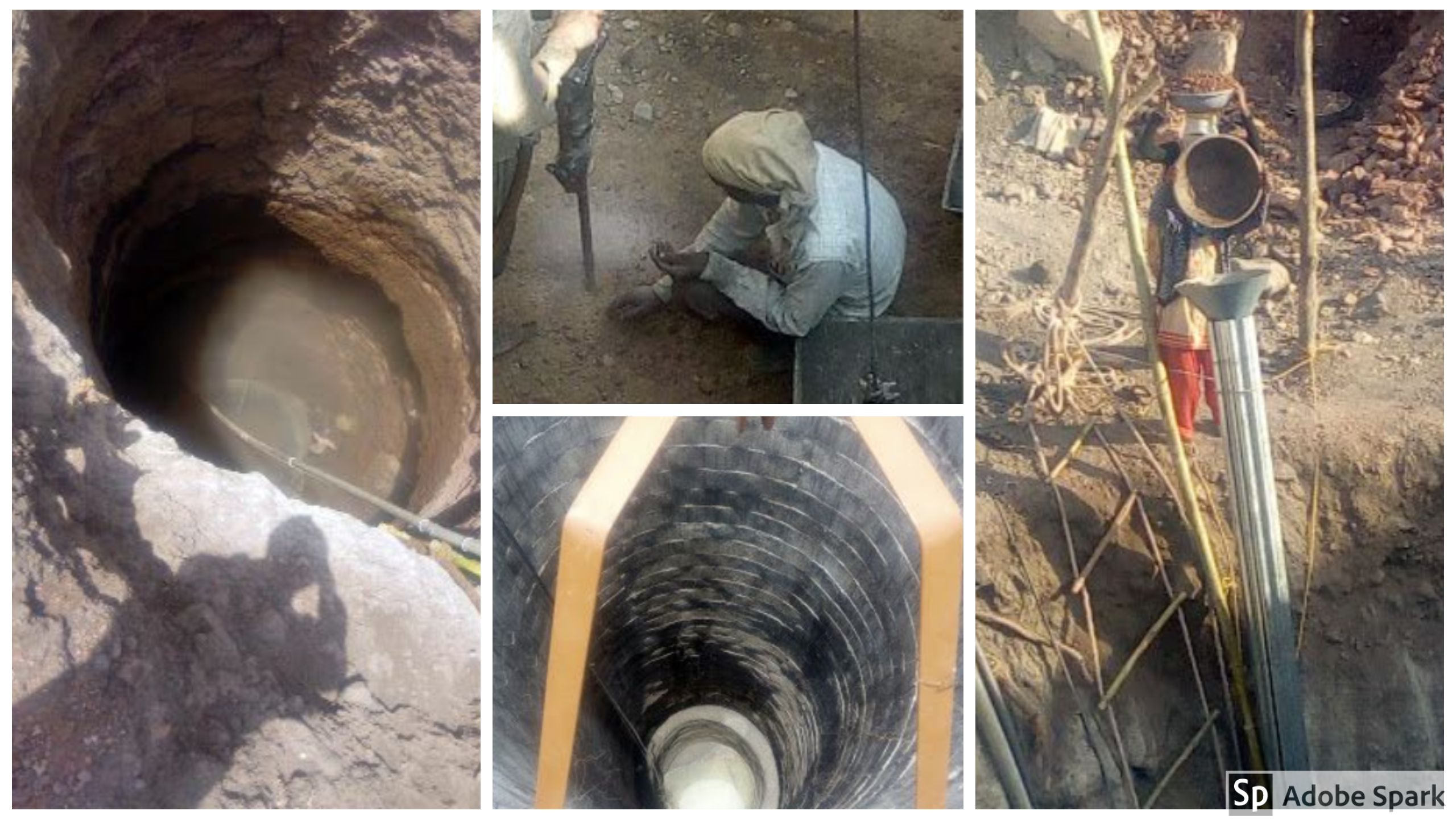 Top middle image: Local technology in which a compressor mounted on a tractor is used to drive an air drill to make the holes in which the dynamite is inserted; Left image: There is a fear of sides of the well collapsing every time blasting was done; Right image: Flexible steel shuttering was used to construct reinforced concrete circular rings in situ and a funnel and pipe assembly was used to pour the concrete into the shuttering; Bottom middle image: The well is finally ready (Images: Rahul Banerjee) 