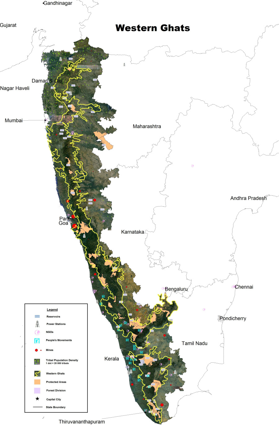 Western ghats spans across six states along the western coast of India - Maharashtra, Goa, Gujarat, Karnataka, Kerala and Tamil Nadu; Source: www.insightsonindia.com