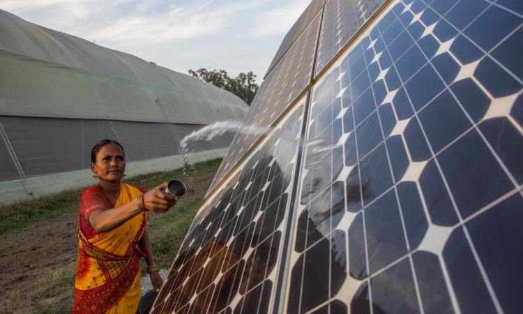 A woman cleaning a solar panel (Image Source: IWMI)