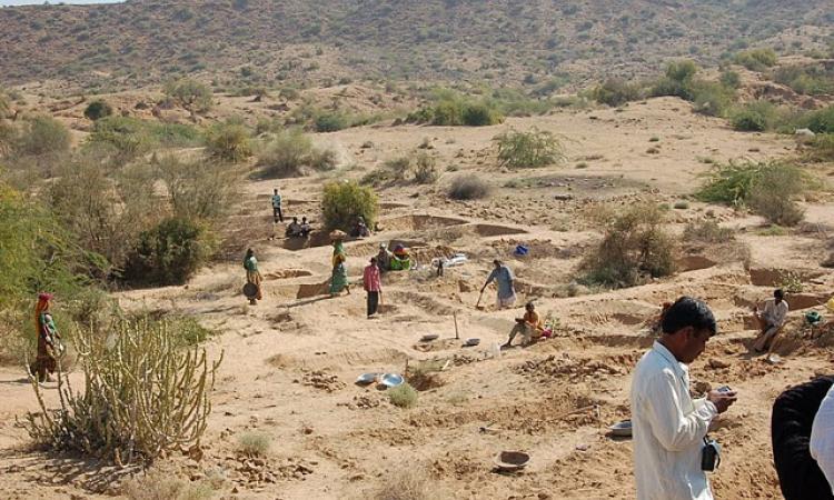 Labourers building check dams under MGNREGS (Source: IWP Flickr Photos)
