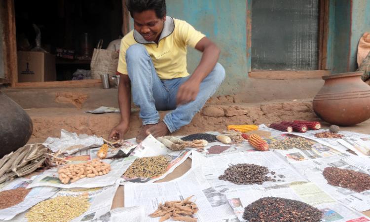 Aadi Kumbruka with various types of legumes, millets, oilseeds and corns grown on his farm.