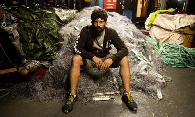 Captain Siddharth Chakravarty with the illegal driftnets confiscated by Sea Shepherd during Operation Driftnet (Photo source: Sea Shepherd)