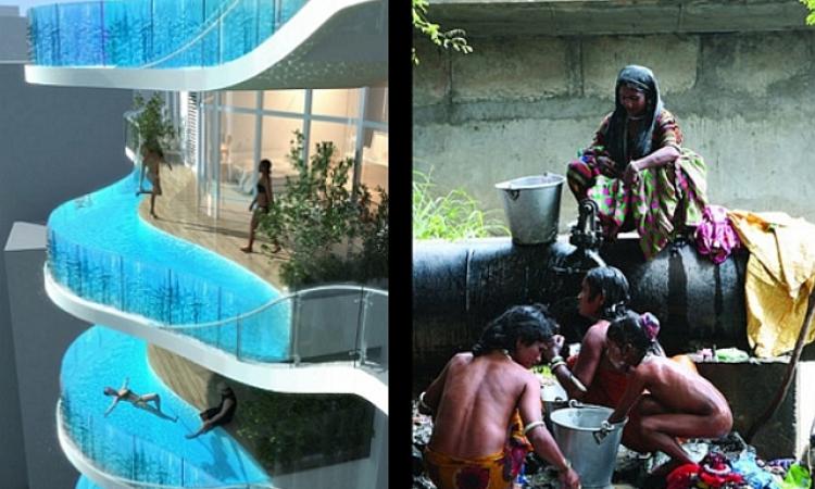 An upcoming building in Mumbai has a pool on every floor. At the same time, migrant labourers rely on tapping municipal leakages for their drinking water. India has more inequality than the rest of the world.