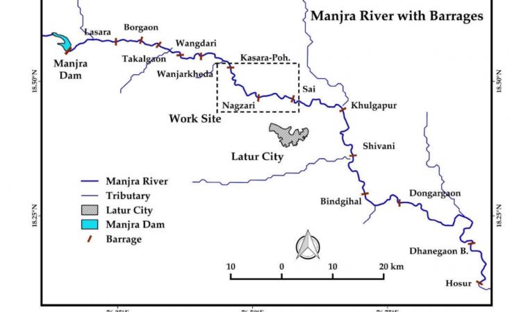 The map of Manjara river along with the barrages and the river rejuvenation site. (Source: Authors)
