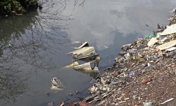 Solid waste on the banks of the Mithi river. (Image source: Rohit Sharma, Arpita Bhagat)