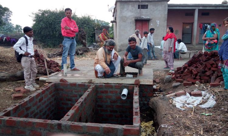 Manohar's twin pit latrine gets constructed. (Pic courtesy: PSI)